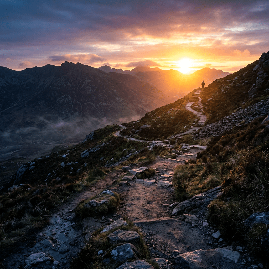 Mountain trail winding upward with a hiker silhouetted against sunrise