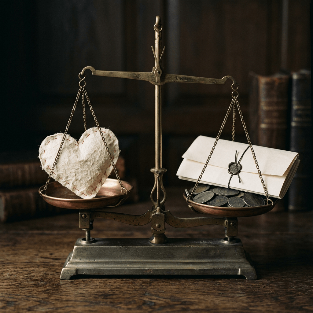 Antique balance scale weighing a handmade heart against coins and sealed letter